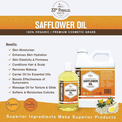 ORGANIC SAFFLOWER OIL (32 oz) Premium Cold Pressed Unrefined | 100% Pure Safflower Oil for Skin, Face, Hair, Soap Making | Carrier for Essential Oils | Available in Bulk | 32 FL OZ