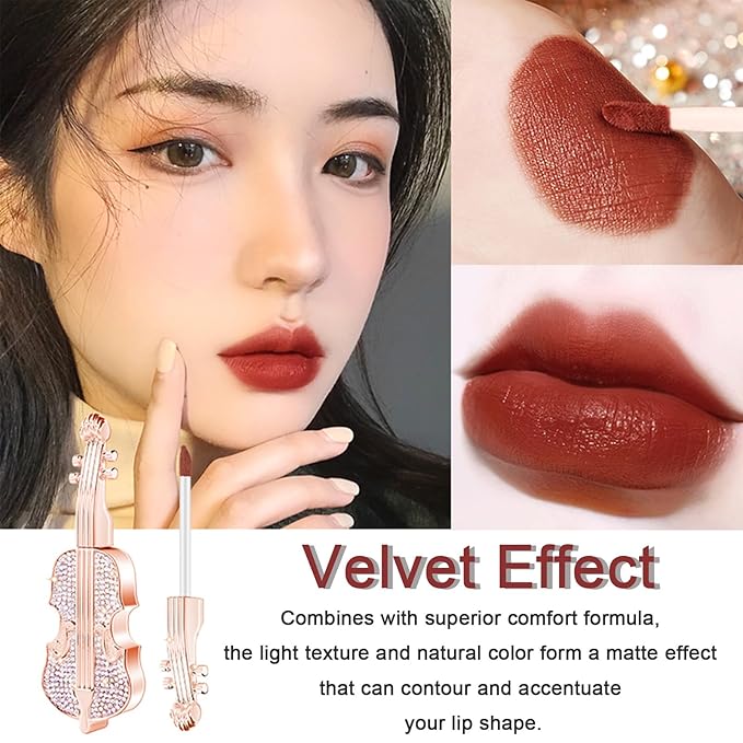 2Pcs Creamy Burnt Red Lipstick Set with Violin Package, Long Lasting Waterproof Velvet Retro Red Lip Gloss, Nice Package for Women Girls