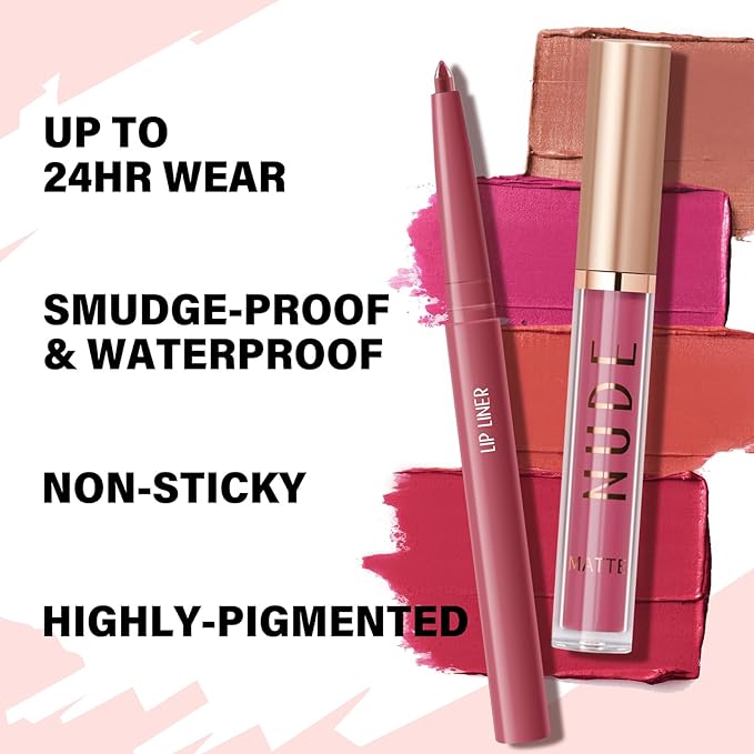 2Pcs Matte Liquid Lipstick and Lip Liner Set,Waterproof Gloss