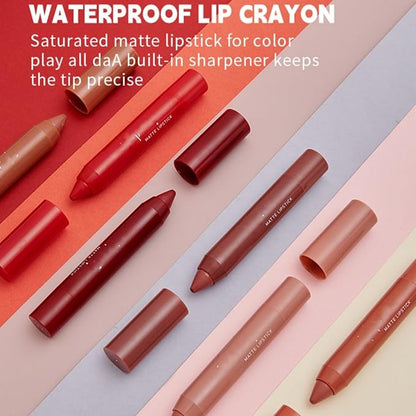 MAEPEOR Matte Lip Crayon Set 6PCS Smooth Velvety Lip Liner Pencils Set Waterproof Long Wear Lipstick Crayon Pen Kit (Set 02)