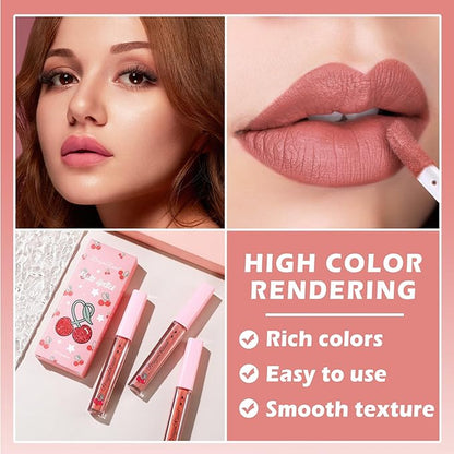 3PCS Matte Nude Lipstick Set Liquid Lipstick Lip Gloss Set,Matte Velvety Lip Stick High Pigmented Lip Tint Lip Stain Set for Daily Makeups - Set C