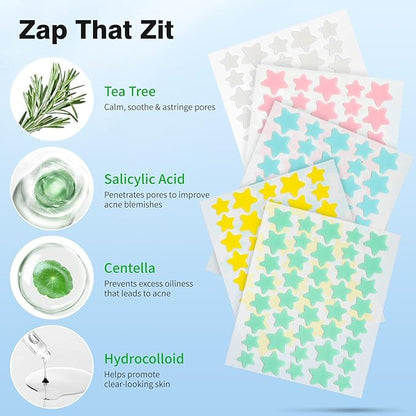 Pimple Patches for Face, Hydrocolloid Acne Patches, Cute Star Zit Covers, Colorful Spot Stickers with Tea Tree, Salicylic Acid & Cica Oil| 3 Sizes (10mm, 12mm & 14mm) |400 Count