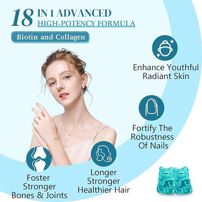 Biotin Gummies with Collagen, Keratin, Hyaluronic Acid, Vitamin for Skin, Hair Growth, Nails, Women Men Adults Kids - 60 Blueberry Flavored Gummies