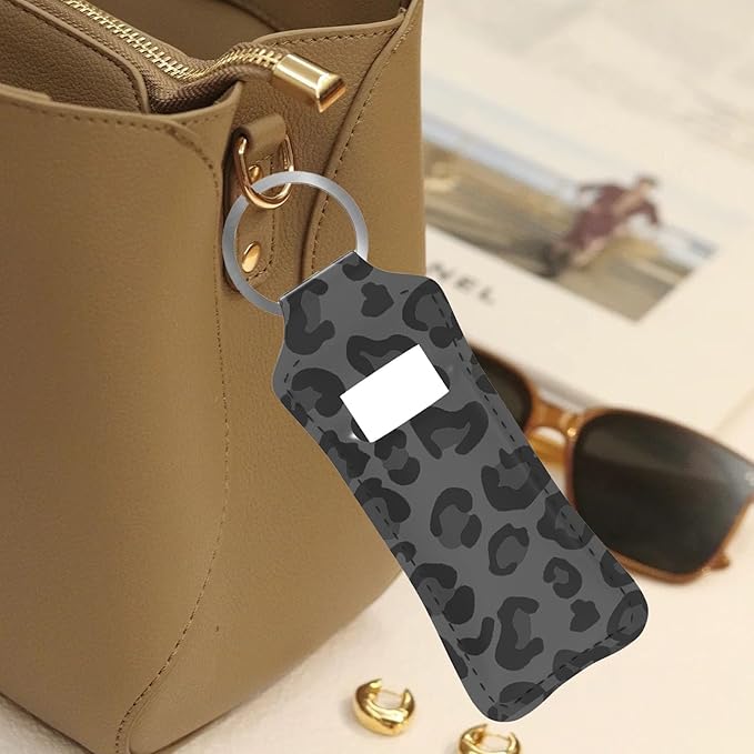Black Leopard Cheetah Chapstick Holder Keychain, Portable Lip Gloss