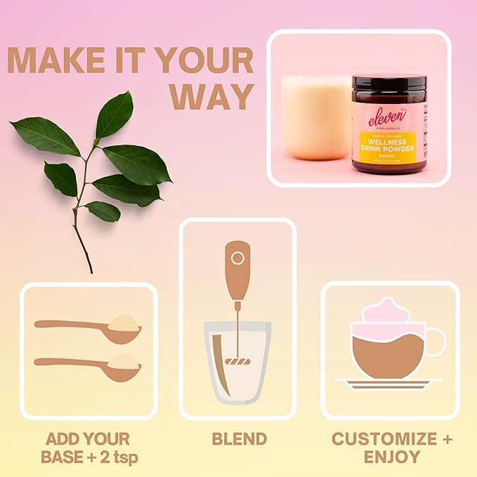 Eleven TLC, Radiant Beauty Boosting Grassfed Vanilla Collagen Peptides Superfood Latte, Beauty Collagen, Vanilla Protein Powder, Non-reactive Glass Jar, MD Formulated