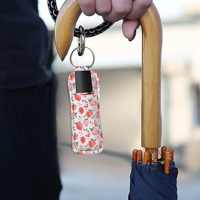 Horeset Cute Strawberry Print Lipstick Holder Keychains Clip-On Girls
