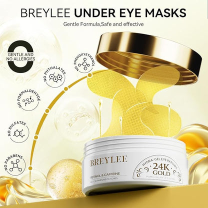 BREYLEE 24K Gold Eye Masks - 60 Pcs, Retinol & Caffeine Under Eye Patches for Reduce Fine Lines & Wrinkles, Puffy Eyes and Dark Circles Treatments, Improve and Firm Eye Skin