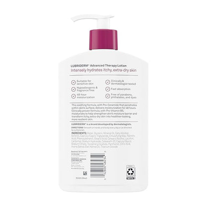 Lubriderm Advanced Therapy Fragrance Free Moisturizing Hand & Body Lotion + Pro-Ceramide with Vitamins E & Pro-Vitamin B5, Intense Hydration for Itchy, Extra Dry Skin, Non-Greasy, 16 fl. oz
