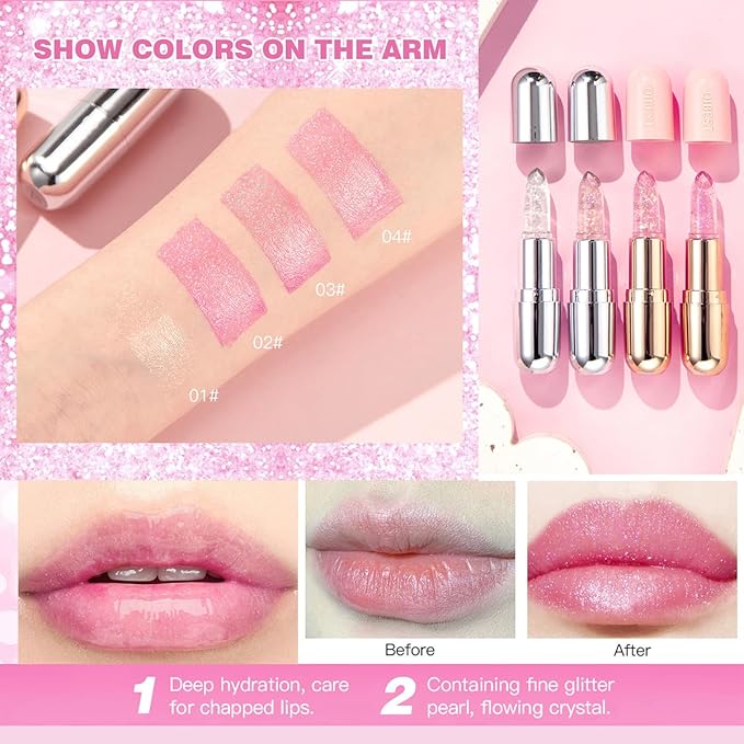 2Pcs Glimmer Crystal Jelly Color Changing Lipstick,Long Lasting Glimmer