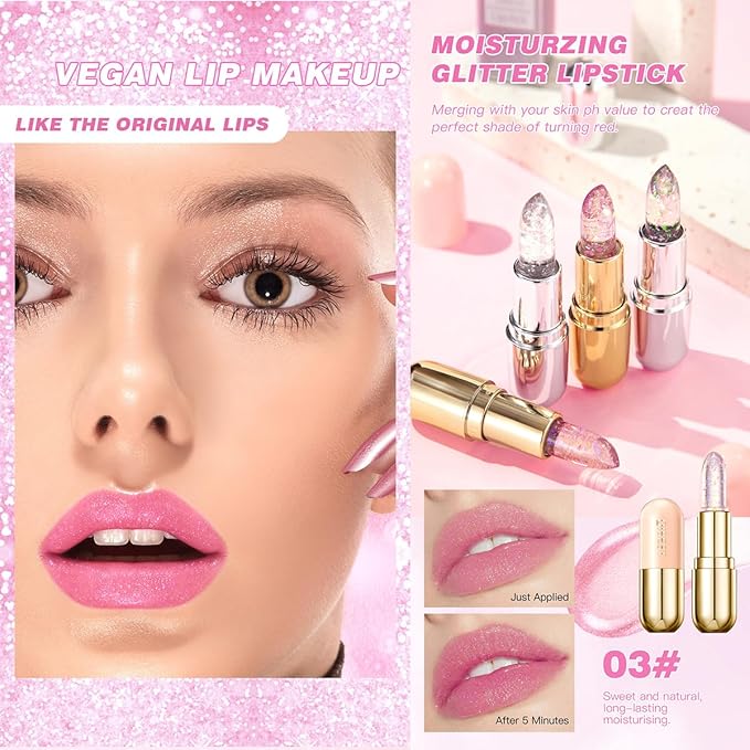 2Pcs Glimmer Crystal Jelly Color Changing Lipstick,Long Lasting Glimmer