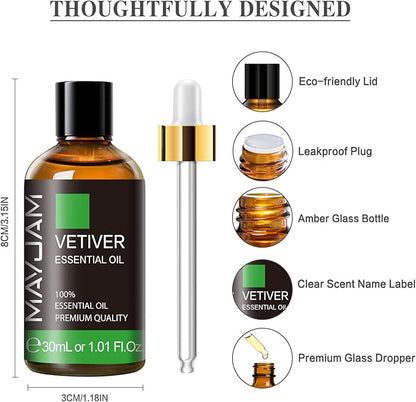 Vetiver Essential Oil 30ML, Pure Vetiver Oil Essential Oils for Aromatherapy, Candles, Soaps(1.01FL.OZ)