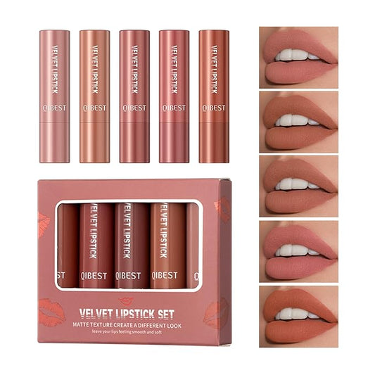 5Pcs Velvet Matte Nude Lipstick Set - Long-lasting Long-lasting