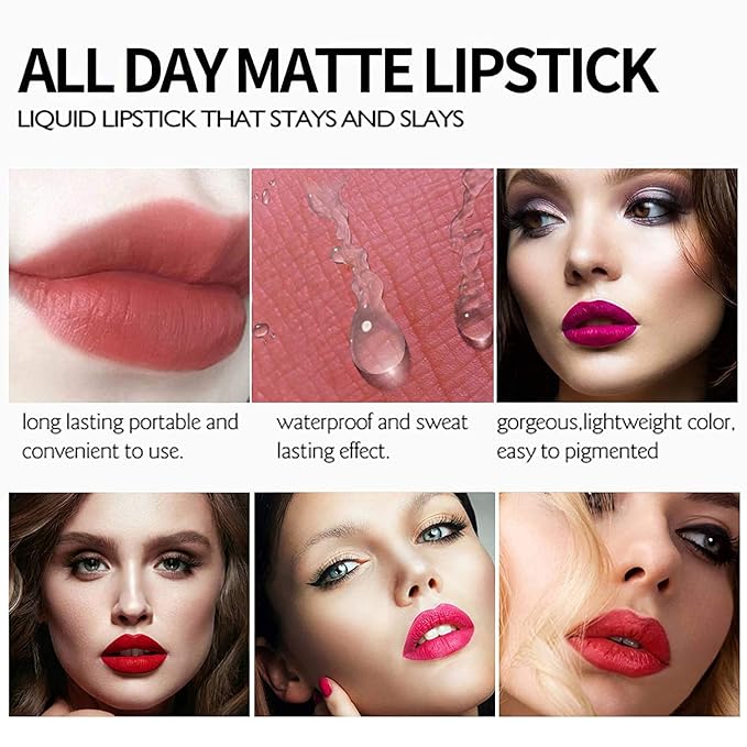 6Pcs Matte Liquid Lipstick Set Waterproof Long Lasting Non-Stick Cup Not Fade Makeup Liquid Set Moist Lip Gloss Lipgloss for Women # A