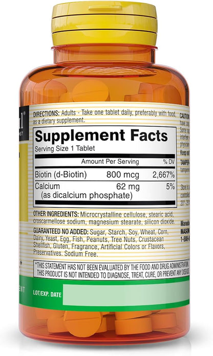 MASON NATURAL 800 Mcg Tablets, Dietary Supplement, Support and Strengthens Healthy Hair and Nails Biotin, 60 Count, Pack of 3