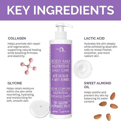 Noche Y Dia Fresh Collagen Body Milk - Moisturizing and Firming Lotion for Dry Skin with Lactic Acid & Glycine - 500mL (16.57 fl oz)