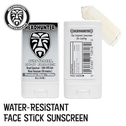 Headhunter Sunscreen Face Stick SPF 45, Waterproof Surf Sunblock for Waterman, Water-Resistant Facial Sunscreen for Ultra-Sport Protection and Solar Defense (80 min), Clear White (1 pack)