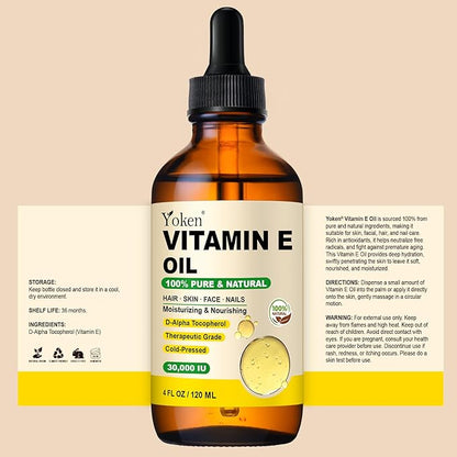 Vitamin E Oil 4 Fl Oz Organic Vitamin E oil for Skin 30,000 IU Vitamine oils for Scars Hair, Face, Nail, Scalp Perfect Bath and Body Oil, Cold Pressed Hexane Free Non-GMO Gluten Free Formula