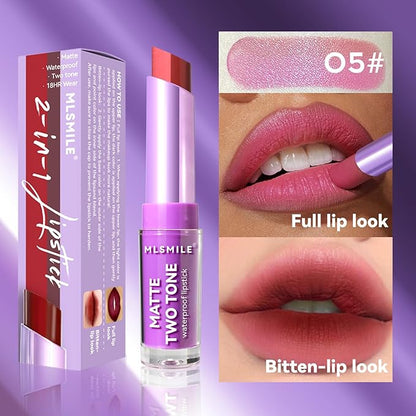 Pink Lip Gloss Two Tone Matte Lipstick, Long Lasting Moisturize Non-Sticky Bitten Lip-look Lip Makeup, Silk Finish Matte Lipstick, High Pigment 2 In1 Two-Tone Lip Waterproof Lipstick for Women (#05)