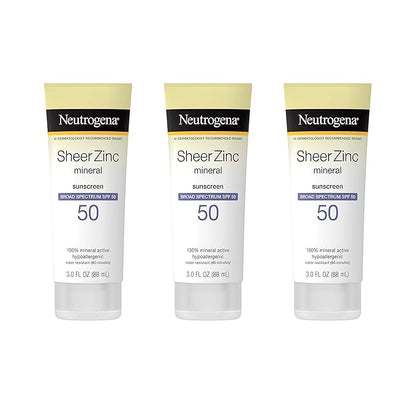 Neutrogena Sheer Zinc Oxide Dry-Touch Mineral Sunscreen Lotion, Broad Spectrum SPF 50 UVA/UVB Protection, Water-Resistant, Hypoallergenic and Non-Greasy, Paraben-Free, 3 fl. oz, Pack of 3