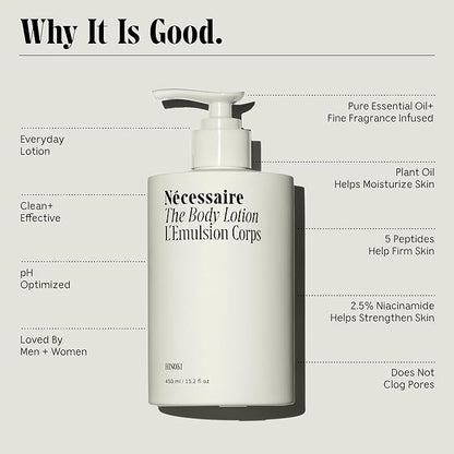 Nécessaire The Body Lotion with Pump. Hinoki. Multi-Peptide Firming Lotion to Moisturize, Firm, Strengthen. 2.5% Niacinamide, Vitamin C/E + Omega 6/9. 450ml / 15.2 fl oz