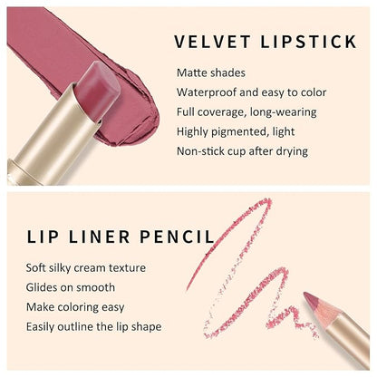 Boobeen 2 Pcs Lip Liner and Lipstick Set, Ultra-Long-Lasting