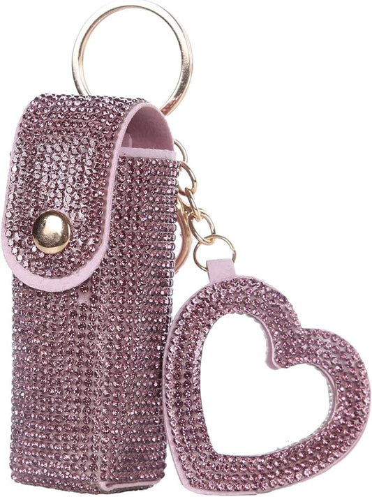 Rhinestones Lipstick Keychain Holder with mirror Chapstick Holde