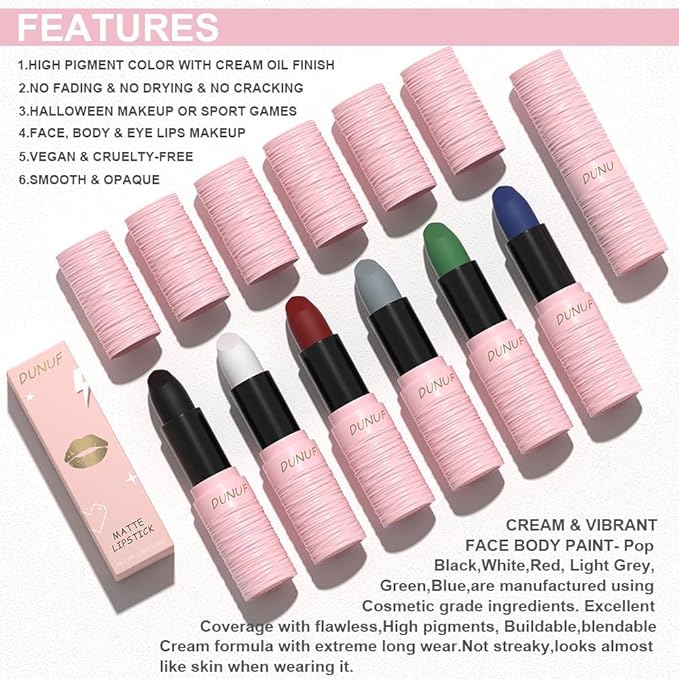 Matte Lipstick Festival White Lip Tint Gloss Face Painting Stick Silky High Pigment Smooth Velvet Waterproof White Black Green Blue Lip Gloss Halloween Daily Stain Lip Make Up Cosmetics (LC02)
