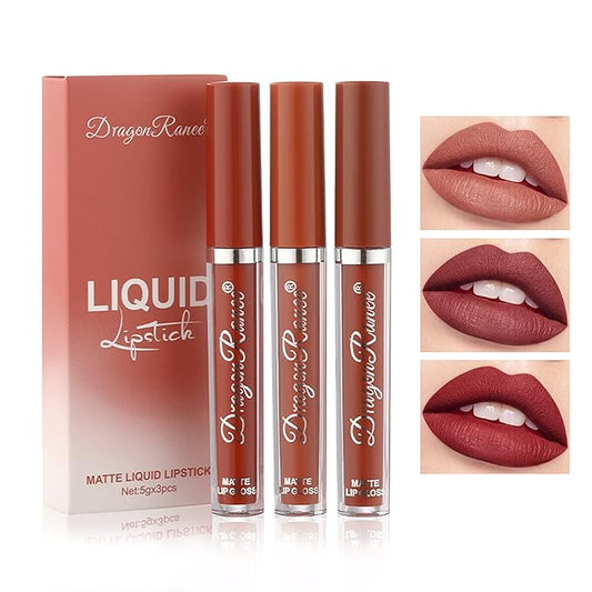 3 Colors Nude Matte Lipstick Set Liquid Lipstick Velvet Nude Pink Lipstick Lip Stain Long Lasting Waterproof,Non-Stick Cup Not Fade Lip Gloss Lipstick for Women Lip Makeup Lip Stick Set A