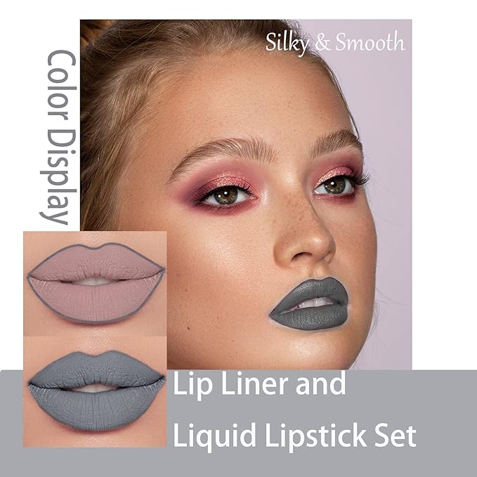 2 Pcs Halloween Dark Matte Liquid Lipstick + Lip Liner Pens Sets, 8 Colors High Pigmented Goth Sexy & Bold Lip Gloss, 24H Waterproof Long-lasting Matte Lipstick , Non-Stick Cup Velvety Lip Makeup for Women (Gray)