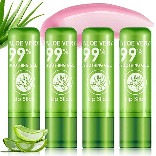 4Pcs Aloe Vera Color Changing Lipstick,Aloe Vera Lip Balm Set Temperature Color Change Lip Gloss Magic Lipstick Waterproof Long Lasting Nutritious Moisturizer Lip Balm Makeup Kit