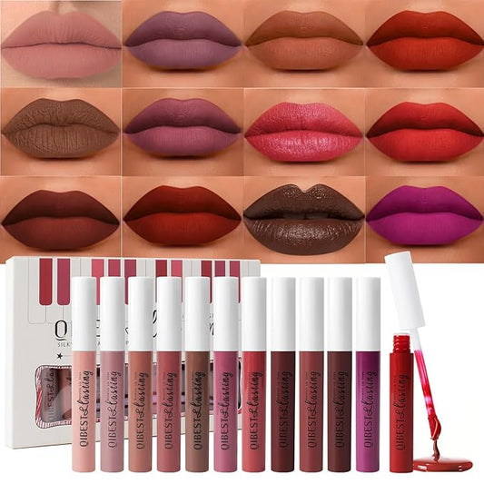 Matte Liquid Lipstick Set, 12 Colors Velvet Lip Glosses