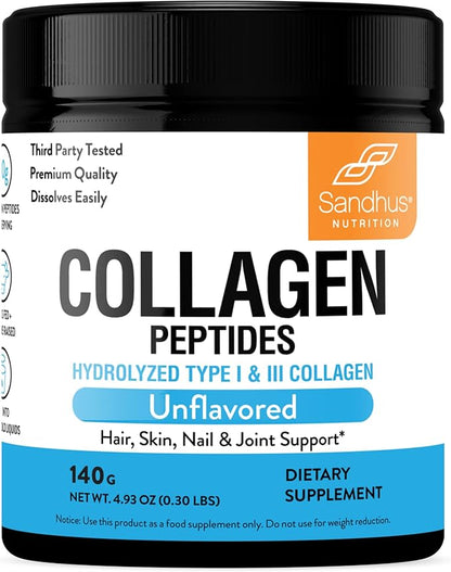 Sandhu's Collagen Peptides Powder|4.9 oz Unflavored| Grass-Fed Hydrolyzed Bovine Collagen | Supports Youthful Skin, Hair, Nails, Mobility, Flexibility, & Bone Health