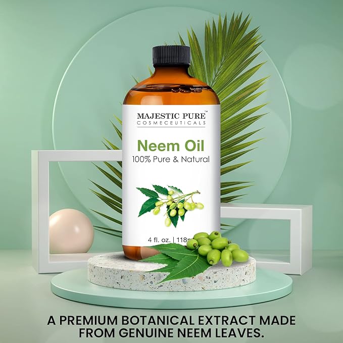 Majestic Pure Neem Oil for Plants Spray and Essential Oils Mixing, 100% Pure Cold Pressed, Great for Skin/Hair Care, Massage Oil, Nails, Acne & Moisturizer for Dry Skin, 4 Fl Oz