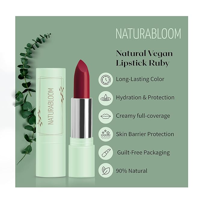 Vegan Lipstick (Rubby) - Sensational One-Stroke Long Lasting Lipstick from Natural Oils & Butters Full-Coverage Lip Color with Shea Butter & Coconut Extact - Premium Hydrating Lipsticks