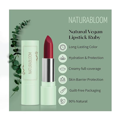 Vegan Lipstick (Rubby) - Sensational One-Stroke Long Lasting Lipstick from Natural Oils & Butters Full-Coverage Lip Color with Shea Butter & Coconut Extact - Premium Hydrating Lipsticks