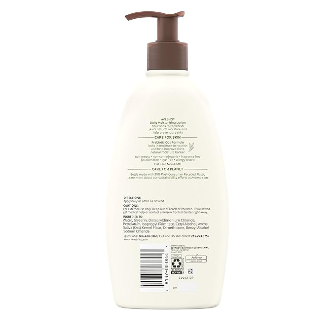 Aveeno Daily Moisturizing Body Lotion with Soothing Prebiotic Oat, Gentle Lotion Nourishes Dry Skin With Moisture, Paraben-, Dye- & Fragrance-Free, Non-Greasy & Non-Comedogenic, 18 oz, 2 Pack