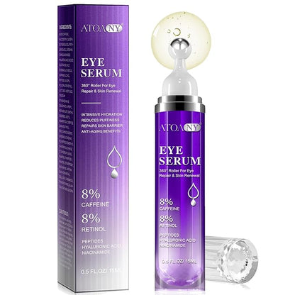 Eye Serum for Dark Circles and Puffiness with 8% Caffeine 8% Retinol Hyaluronic Acid Niacinamide, Under Eye Cream Anti Aging for Puffiness and Bags with 360° Eye Roller Ball for Women