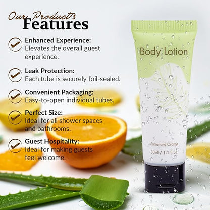 Leak-Proof Travel Size Body Lotion 1.1 Fl.oz/ 30 ml Each 200PCS Bulk Pack of Hotel Lotion Santal and Orange Scent Amenities and Toiletries for Hospitality