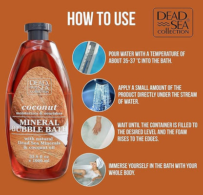 Dead Sea Collection Bubble Bath with Coconut for Women and Men - Coconut Oil and Pure Dead Sea Minerals - Nourishing and Moisturizing Skin - Pack of 2 (67.6 fl.oz)