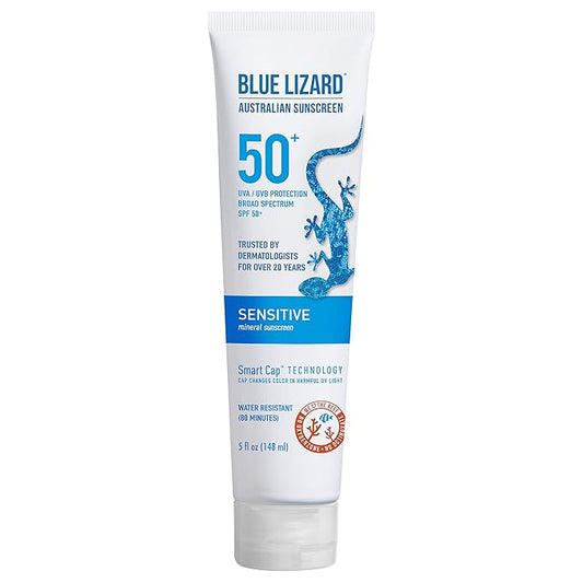 BLUE LIZARD Sensitive Mineral Sunscreen with Zinc Oxide 50+ Water Resistant UVAUVB Protection with Smart Cap Technology Fragrance Free, Sensitve, SPF 50 - - Tube, Unscented, 5 Fl Oz