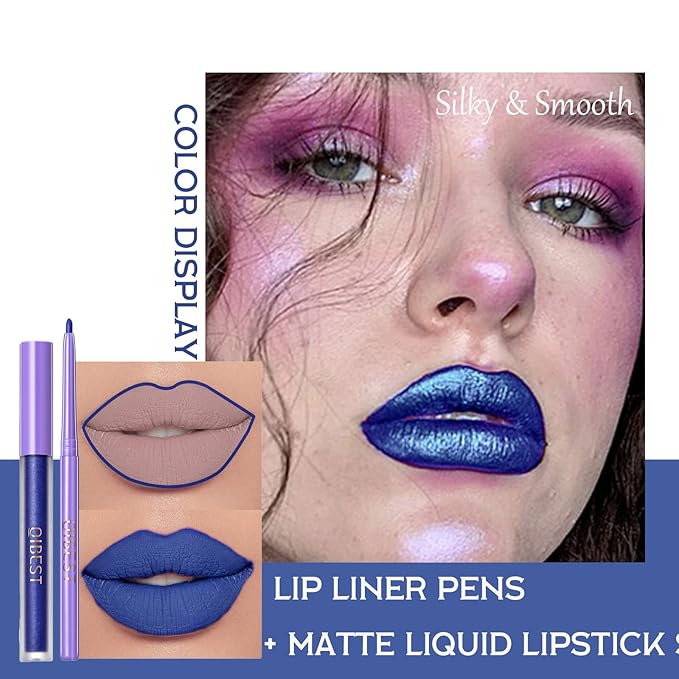 2 Pcs Halloween Dark Matte Liquid Lipstick + Lip Liner Pens Sets, 8 Colors High Pigmented Goth Sexy & Bold Lip Gloss, 24H Waterproof Long-lasting Matte Lipstick , Non-Stick Cup Velvety Lip Makeup for Women (Blue)