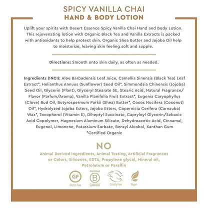 Desert Essence Spicy Vanilla Chai Hand & Body Lotion, Uplifting, Smoothes & Softens Skin, No Greasy Residue, Aloe Vera, Shea Butter, Vitamin E, 8 Fl Oz