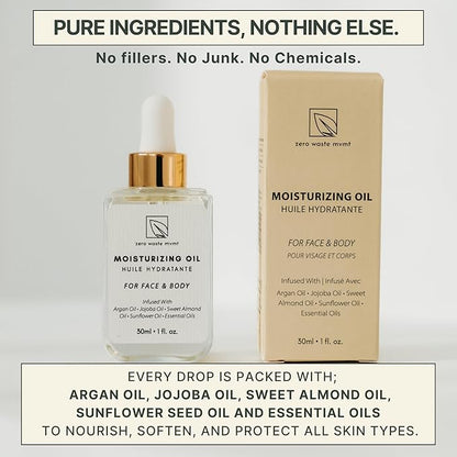 Moisturizing Oil for Face and Body – 100% Plant-Based, Vegan, and Cruelty-Free – Hydrating Blend with Argan Oil, Jojoba Oil, and Sweet Almond Oil – Plastic-Free Packaging – 30ml
