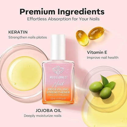 modelones Nail Strengthener, Ridge Filler for Nails, Clear Nail Polish for Thin, Weak & Damaged Nails, Nail Hardener for Nail Protection, Pink Glow, 15ml