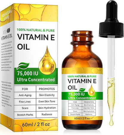 Vitamin E Oil, 75000 IU Ultra Concentrated, 100% Natural Body Oil Moisturizing Dry Skin, Pure Vitamin E Oil for Skin, Scars, Face, Hair, Nails, Hexane-Free, Non-GMO, 2 Fl Oz