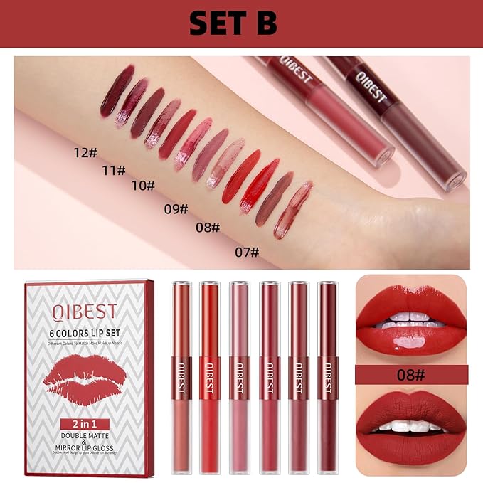 Rechoo 2in1 Lipstick Set, 6pcs Double-head Matte Glossy