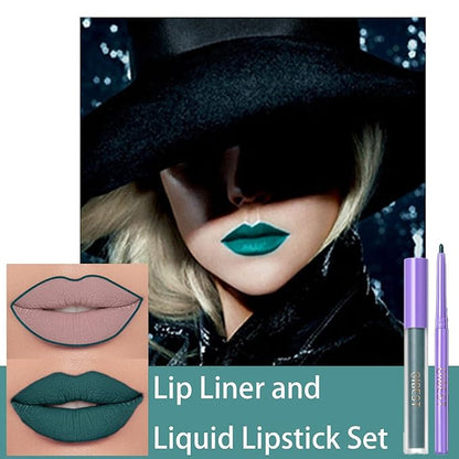 2 Pcs Halloween Dark Matte Liquid Lipstick + Lip Liner Pens Sets, 8 Colors High Pigmented Goth Sexy & Bold Lip Gloss, 24H Waterproof Long-lasting Matte Lipstick , Non-Stick Cup Velvety Lip Makeup for Women (Green)