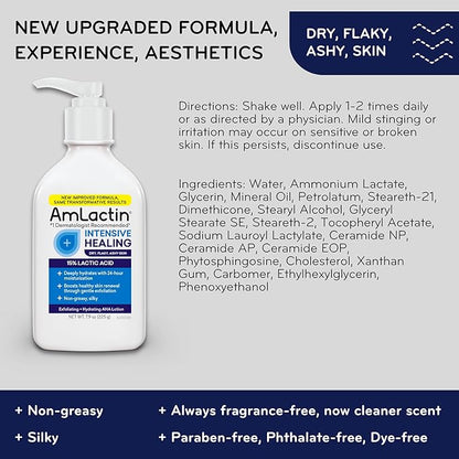 AmLactin Intensive Healing Body Lotion for Dry Skin, 7.9 oz Pump Bottle, 2-in-1 Exfoliator and Moisturizer with Ceramides and 15% Lactic Acid for 24-Hour Relief from Dry Skin (Packaging May Vary)