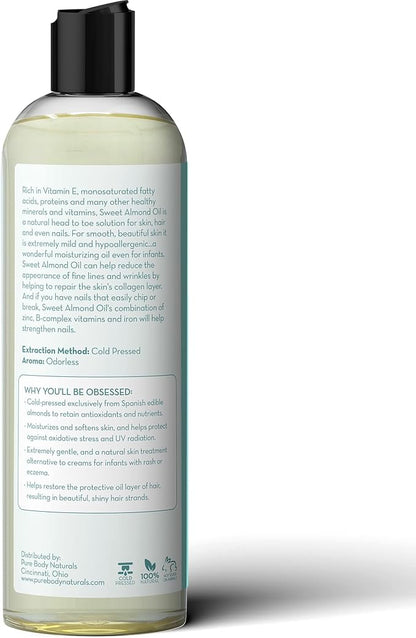 Pure Body Naturals Sweet Almond Oil for Hair and Skin, 100% Pure and Cold Pressed, Hexane Free, Skin Moisturizer, Nails, Therapeutic Massage, Carrier Oil 16 Fl. Ounce (Label Varies)