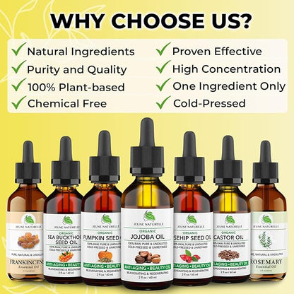 Jeune Naturelle Jojoba Oil Organic Cold Pressed - 100% Pure, Raw, Virgin, Undiluted, Unrefined - Ideal for Hair, for Skin, for Hair Growth, 2 oz